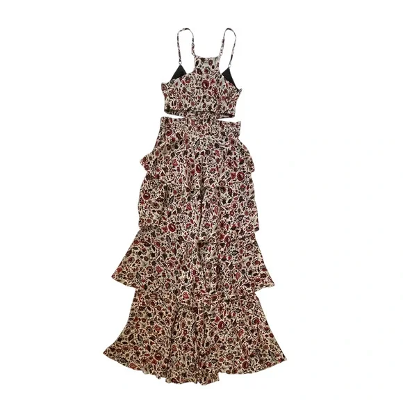 A.L.C. Silk Titus Maxi Dress Tiered Ruffles Floral  Red Black Cream - 6 - Picture 3 of 8